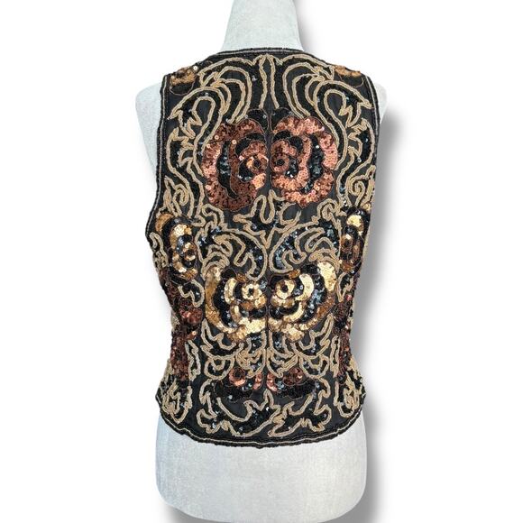 Vintage 90s Black Tie Silk Beaded Metallic Sequin Open Front Vest Gold Bronze - Picture 7 of 11